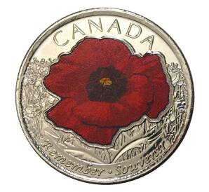 25 центов 2015 года Канада «100 лет стихотворению На полях Фландрии» (цветная) — Фото №1