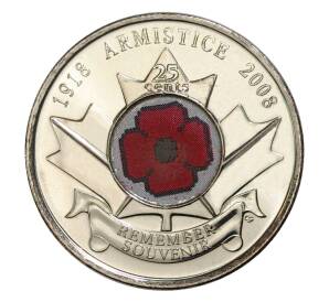 25 центов 2008 года Канада «90 лет окончания Первой мировой войны» (цветная) — Фото №1
