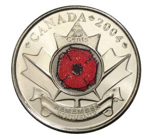 25 центов 2004 года Канада «День памяти — 90 лет с начала Первой мировой войны» (цветная) — Фото №1