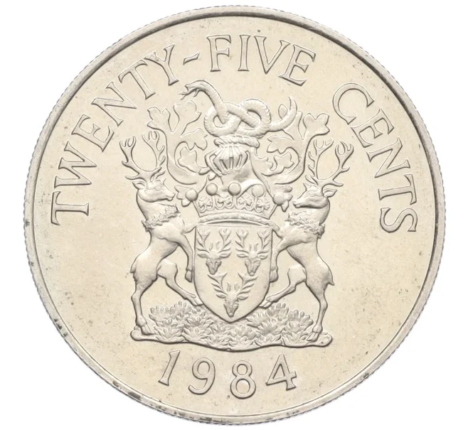Монета 25 центов 1984 года Бермудские острова «375 лет Бермудам — Герб округа Девоншир» (Артикул K12-22681)
