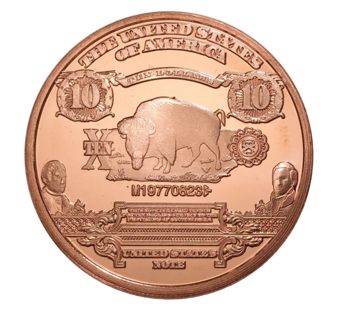 Монета 1 унция чистой меди «Бизон на банкноте 10 долларов 1901 года» (Артикул M2-7540)