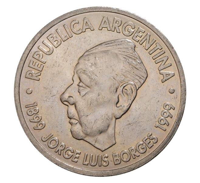 2 песо 1999 года Аргентина «100 лет со дня рождения Хорхе Луиса Борхеса» (Артикул M2-7571)