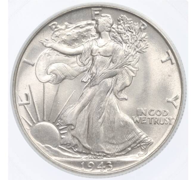 Монета 1/2 доллара (50 центов) 1943 года США — в слабе PCGS (MS63) (Артикул: M2-75681) — Фото №1