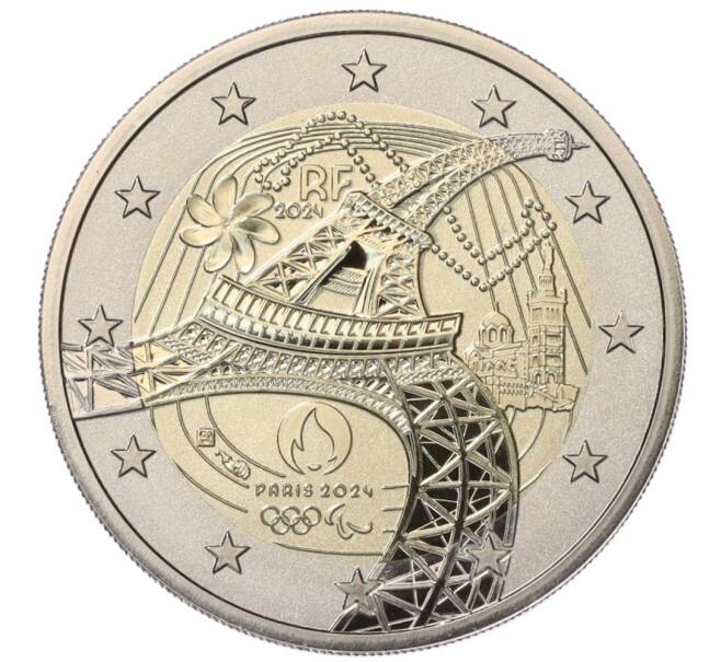 Монета 2 евро 2024 года Франция «XXXIII Олимпийские игры и XVII летние Паралимпийские игры в Париже 2024 года – Эйфелева башня» (Reversed Proof) (Артикул: M2-76495) — Фото №1