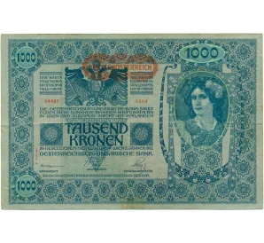 1000 крон 1919 года Австрия (Горизонтальная красная надпечатка на 1000 кронах 1902 года)