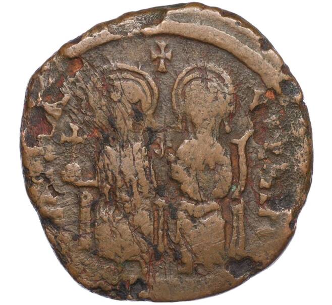 Монета Фоллис 571-574 года Византийская империя — Юстин II и София (Артикул: K27-86129) — Фото №1