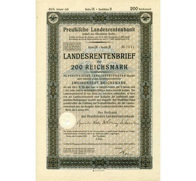 4 1/2% облигация на 200 рейхсмарок 1937 года Германия (Прусский государственный пенсионный банк) (Артикул: B2-13280) — Фото №1