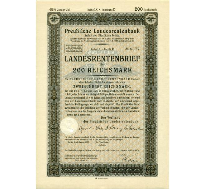 4 1/2% облигация на 200 рейхсмарок 1937 года Германия (Прусский государственный пенсионный банк) (Артикул: B2-13287) — Фото №1
