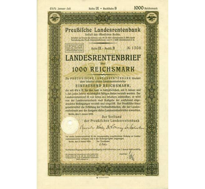 4 1/2% облигация на 1000 рейхсмарок 1935 года Германия (Прусский государственный пенсионный банк) (Артикул: B2-13297) — Фото №1
