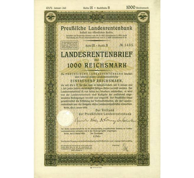 4 1/2% облигация на 1000 рейхсмарок 1935 года Германия (Прусский государственный пенсионный банк) (Артикул: B2-13303) — Фото №1