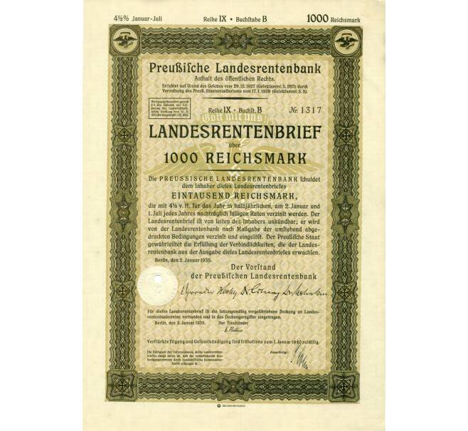 4 1/2% облигация на 1000 рейхсмарок 1935 года Германия (Прусский государственный пенсионный банк) (Артикул: B2-13308) — Фото №1