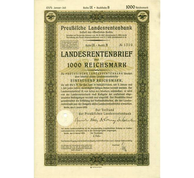 4 1/2% облигация на 1000 рейхсмарок 1935 года Германия (Прусский государственный пенсионный банк) (Артикул: B2-13309) — Фото №1