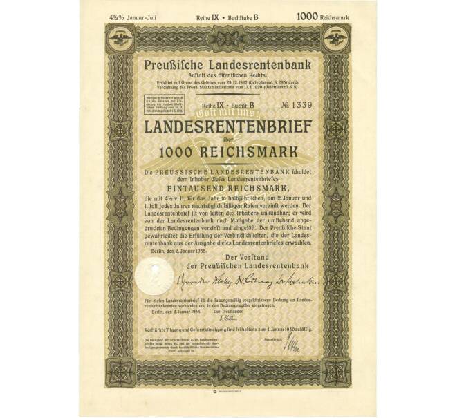 4 1/2% облигация на 1000 рейхсмарок 1935 года Германия (Прусский государственный пенсионный банк) (Артикул: B2-13312) — Фото №1