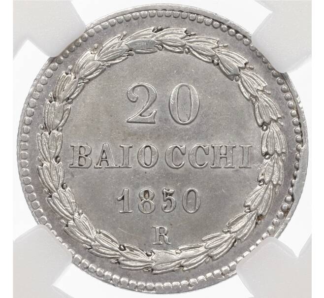 Монета 20 байоччи 1850 года R Папская область — в слабе ННР (MS62) (Артикул: K4-0043) — Фото №2