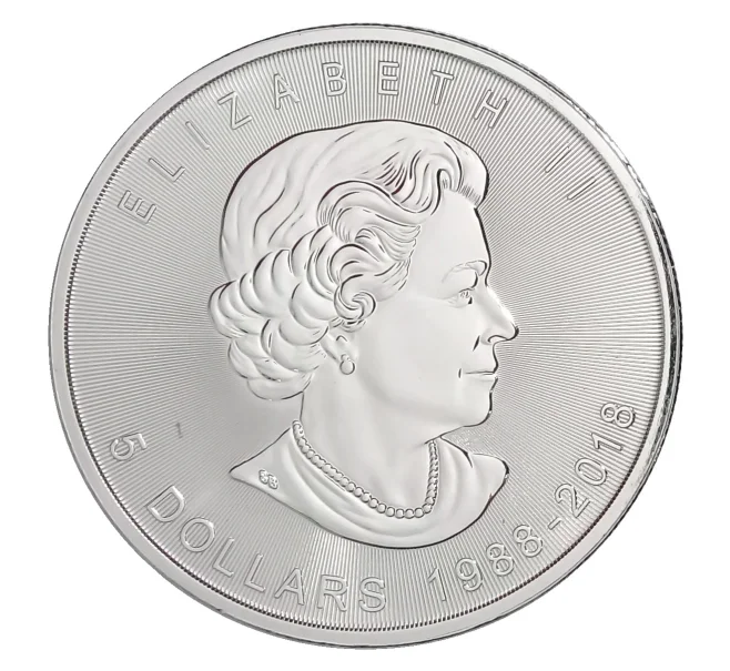 Монета 5 долларов 2018 года Канада —  30 лет Серебряным монетам «Кленовый лист» (Артикул M2-30298)