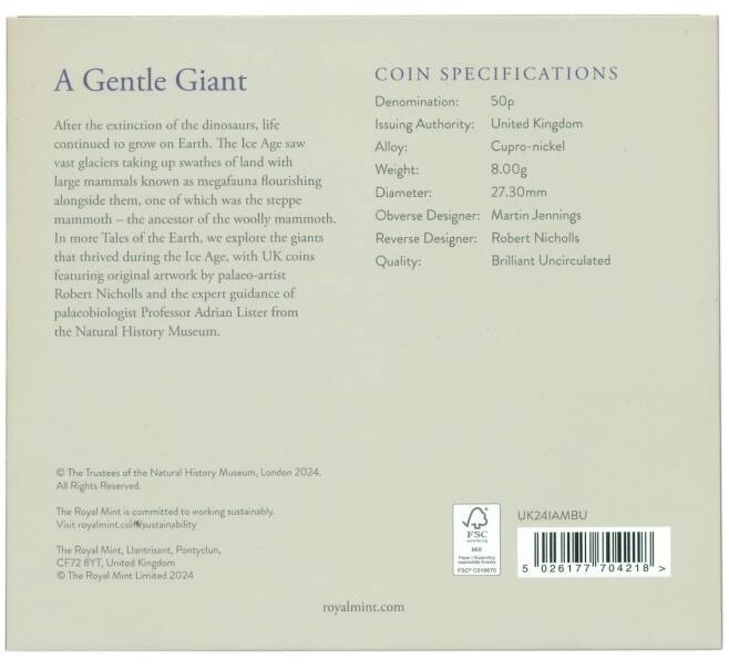 Монета 50 пенсов 2024 года Великобритания «Гиганты ледникового периода — Степной мамонт» (в буклете) (Артикул: M2-81699)