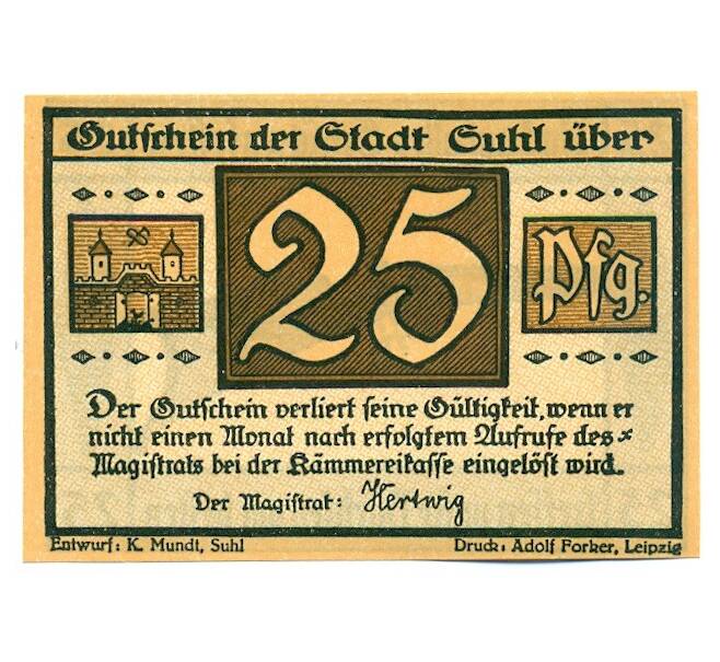 Банкнота 25 пфеннигов 1921 года Германия — город Зуль (Нотгельд) (Артикул: K12-40814) — Фото №2