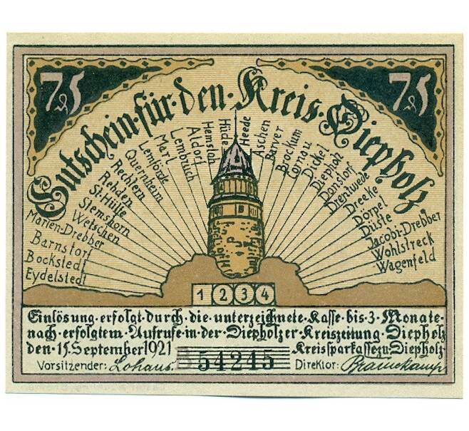 Банкнота 75 пфеннигов 1921 года Германия — город Дипхольц (Нотгельд) (Артикул: K12-40863) — Фото №2