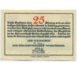 25 пфеннигов 1920 года Германия — город Ферден (Нотгельд) — Фото №2