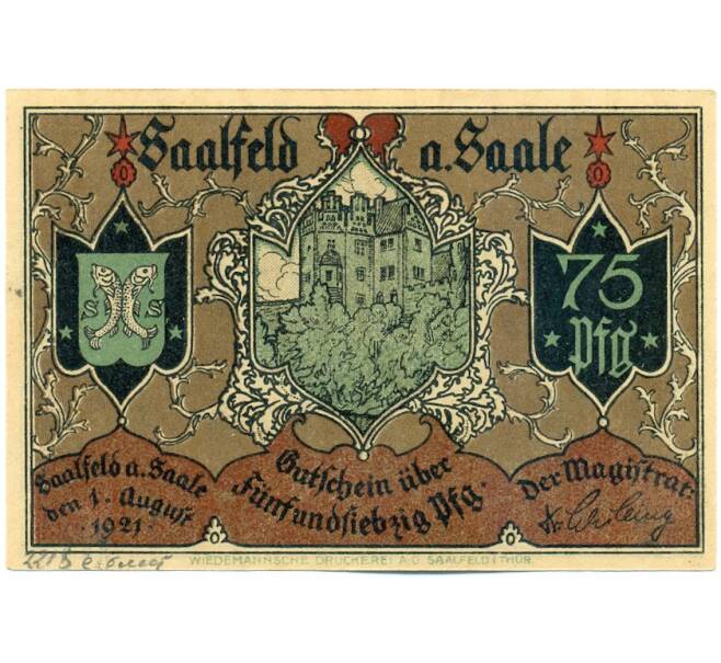 Банкнота 75 пфеннигов 1921 года Германия — город Зальфельд (Нотгельд) (Артикул: K12-41583) — Фото №2