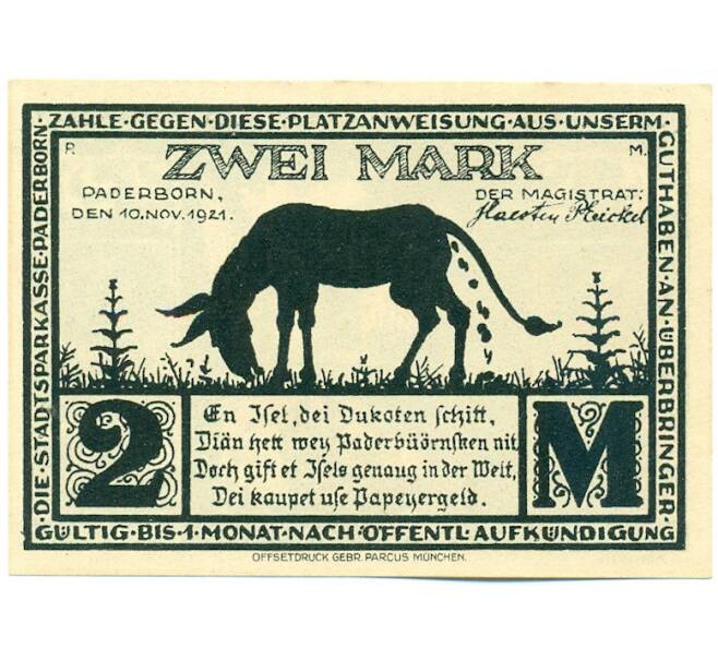 Банкнота 2 марки 1921 года Германия — город Падерборн (Нотгельд) (Артикул: K12-41741) — Фото №2