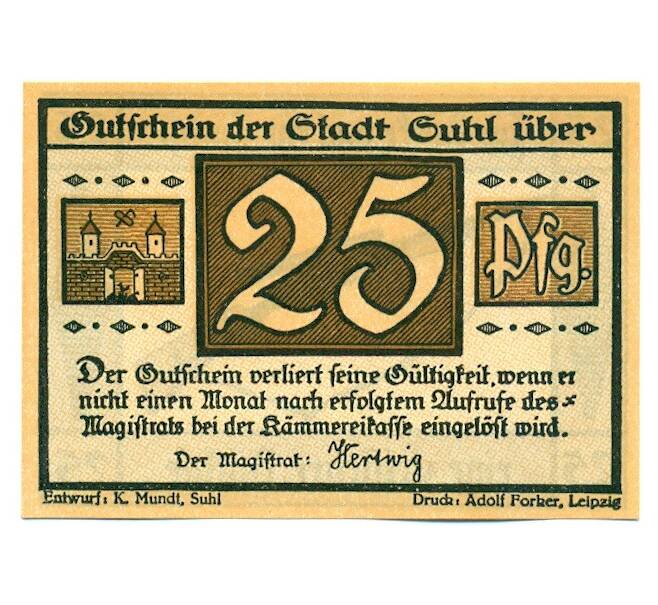Банкнота 25 пфеннигов 1921 года Германия — город Зуль (Нотгельд) (Артикул: K12-41751) — Фото №2