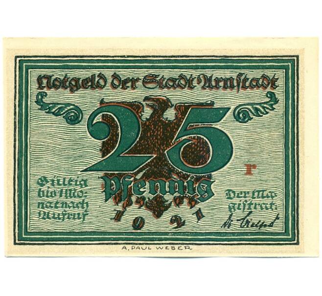 Банкнота 25 пфеннигов 1921 года Германия — город Арнштадт (Нотгельд) (Артикул: K12-41760) — Фото №1