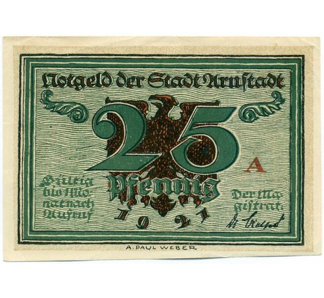 Банкнота 25 пфеннигов 1921 года Германия — город Арнштадт (Нотгельд) (Артикул: K12-41763) — Фото №1