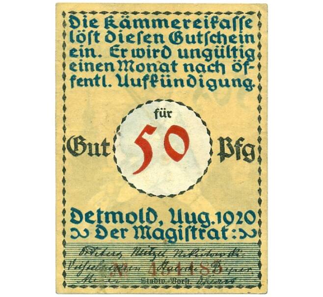 Банкнота 50 пфеннигов 1920 года Германия — город Детмольд (Нотгельд) (Артикул: K12-41796) — Фото №2