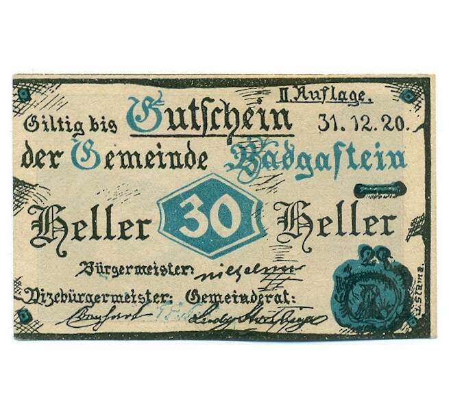 Банкнота 30 геллеров 1920 года Австрия — Бад-Гаштайн (Нотгельд) (Артикул: K12-41820) — Фото №1