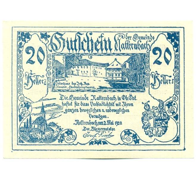 Банкнота 20 геллеров 1920 года Австрия — коммуна Наттернбах (Нотгельд) (Артикул: K12-41911) — Фото №1