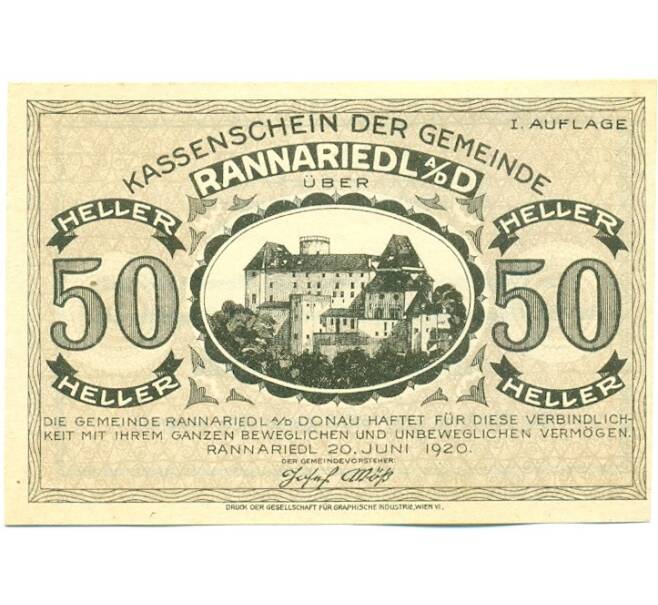 Банкнота 50 геллеров 1920 года Австрия — Раннариедль (Нотгельд) (Артикул: K12-42106) — Фото №1