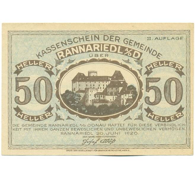Банкнота 50 геллеров 1920 года Австрия — Раннариедль (Нотгельд) (Артикул: K12-42107) — Фото №1