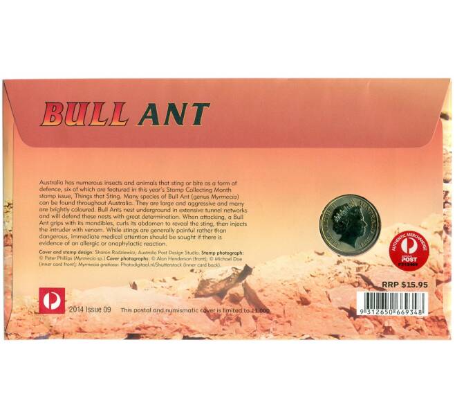 Монета 1 доллар 2014 года Австралия «Муравьи-бульдоги» (в конверте с маркой) (Артикул: T11-16326)