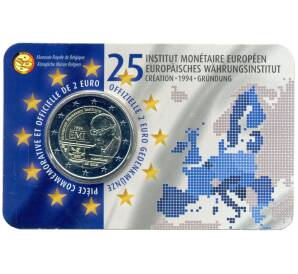 2 евро 2019 года Бельгия — 25 лет Европейскому валютному институту (надписи на лицевой стороне блистера на французском  и немецком языке)