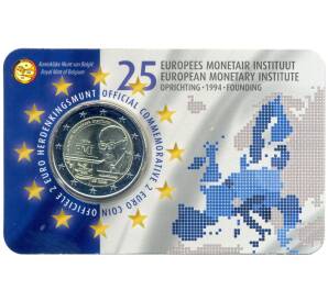 2 евро 2019 года Бельгия — 25 лет Европейскому валютному институту (надписи на лицевой стороне блистера на фламандском и английском языке)