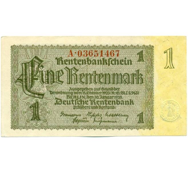 Банкнота 1 рентенмарка 1937 года Германия (Артикул: K12-52020) — Фото №1