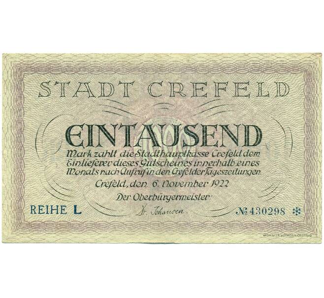 Банкнота 1000 марок 1922 года Германия — Крефельд (Нотгельд. Гроссгельд) (Артикул: K12-52041) — Фото №1
