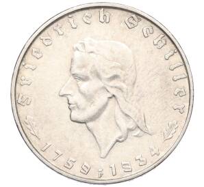 2 рейхсмарки 1934 года F Германия «175 лет со дня рождения Фридриха Шиллера» — Фото №1