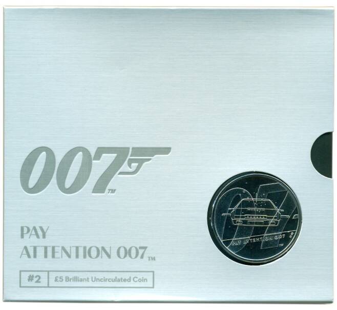 Монета 5 фунтов 2020 года Великобритания «Джеймс Бонд агент 007 — 07 Pay Attention 007» (в буклете) (Артикул: M2-88176)