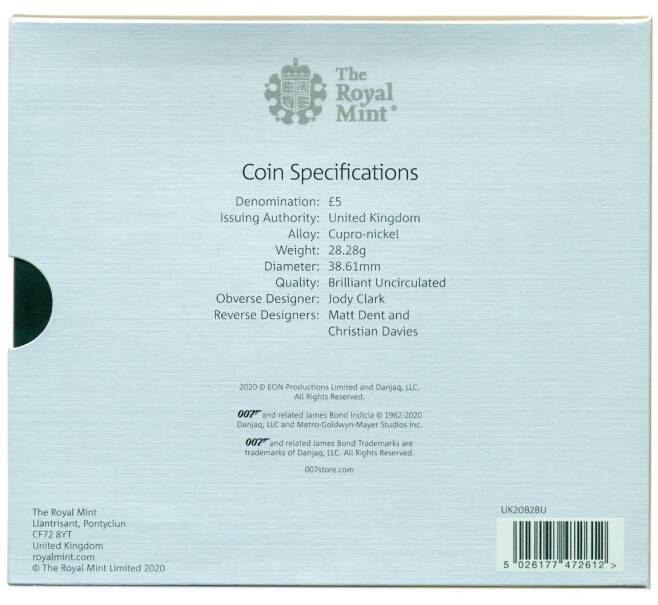 Монета 5 фунтов 2020 года Великобритания «Джеймс Бонд агент 007 — 07 Pay Attention 007» (в буклете) (Артикул: M2-88176)