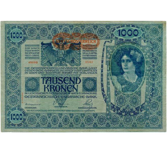 Банкнота 1000 крон 1919 года Австрия (Надпечатка на 1000 крон 1902 года) (Артикул: B2-13527) — Фото №1