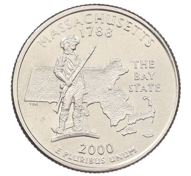 Монета 1/4 доллара (25 центов) 2000 года P США «Штаты и территории — Массачусетс» (Артикул: K12-65292) — Фото №1