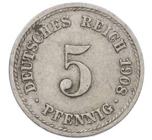 5 пфеннигов 1908 года F Германия — Фото №1