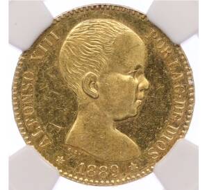 20 песет 1889 года Испания в слабе NGC (MS61) — Фото №1