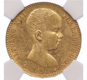 20 песет 1890 года Испания в слабе NGC (MS61) — Фото №1