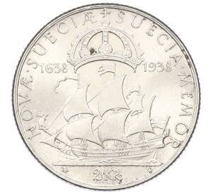 2 кроны 1938 года Швеция «300 лет поселению Делавэр» — Фото №2