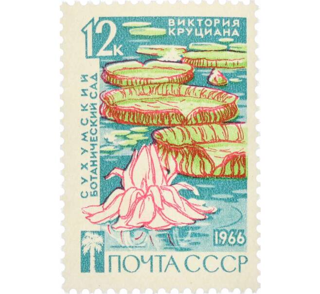 Почтовая марка 12 копеек 1966 года «Сухумский ботанический сад — Виктория круциана» (Артикул: P1-0807) — Фото №1