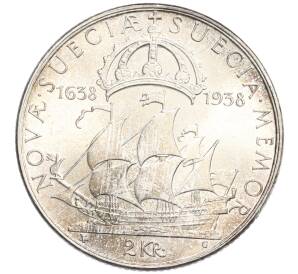 2 кроны 1938 года Швеция «300 лет поселению Делавэр» — Фото №1