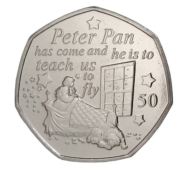 Монета 50 пенсов 2019 года Остров Мэн «Питер Пэн — Венди» (Артикул M2-32594)